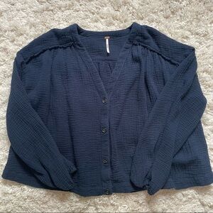 Free People | Navy Blue Long Sleeve Textured Button Down Top Size Small
